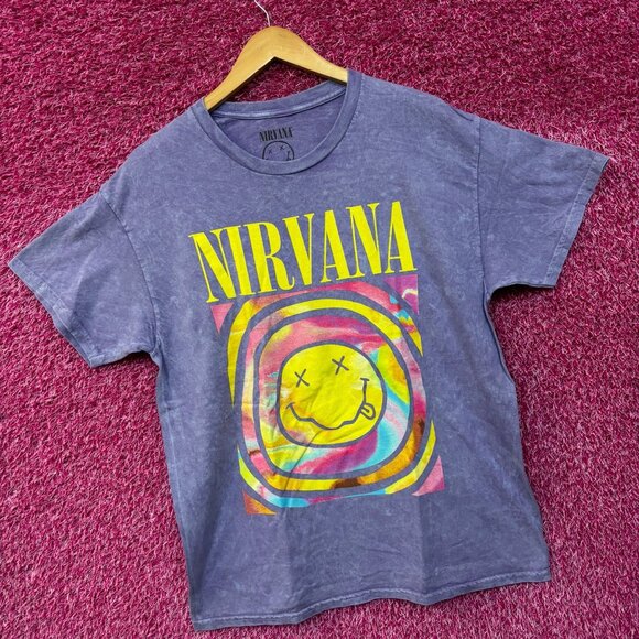 Nirvana Smiley Face Never Mind Grunge Mineral Wash Grunge Tshirt size Large - Picture 3 of 4